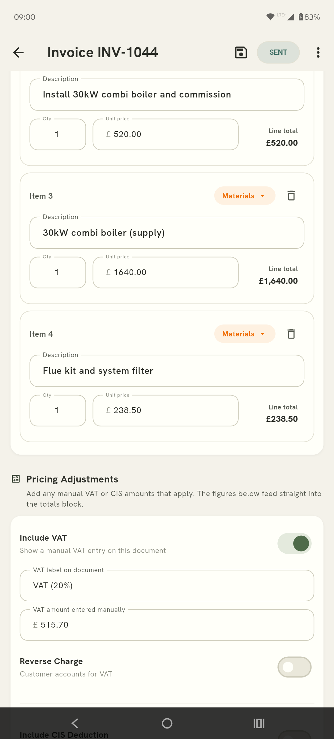 The invoice editor showing line items with labour and materials chips, per-line totals, and manual VAT entry