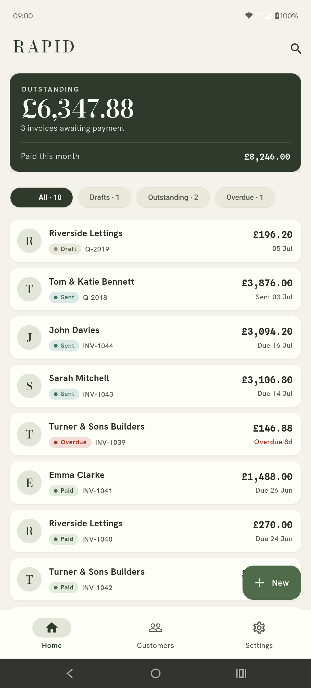 Rapid Invoice home screen showing the outstanding total, paid this month, and the document list