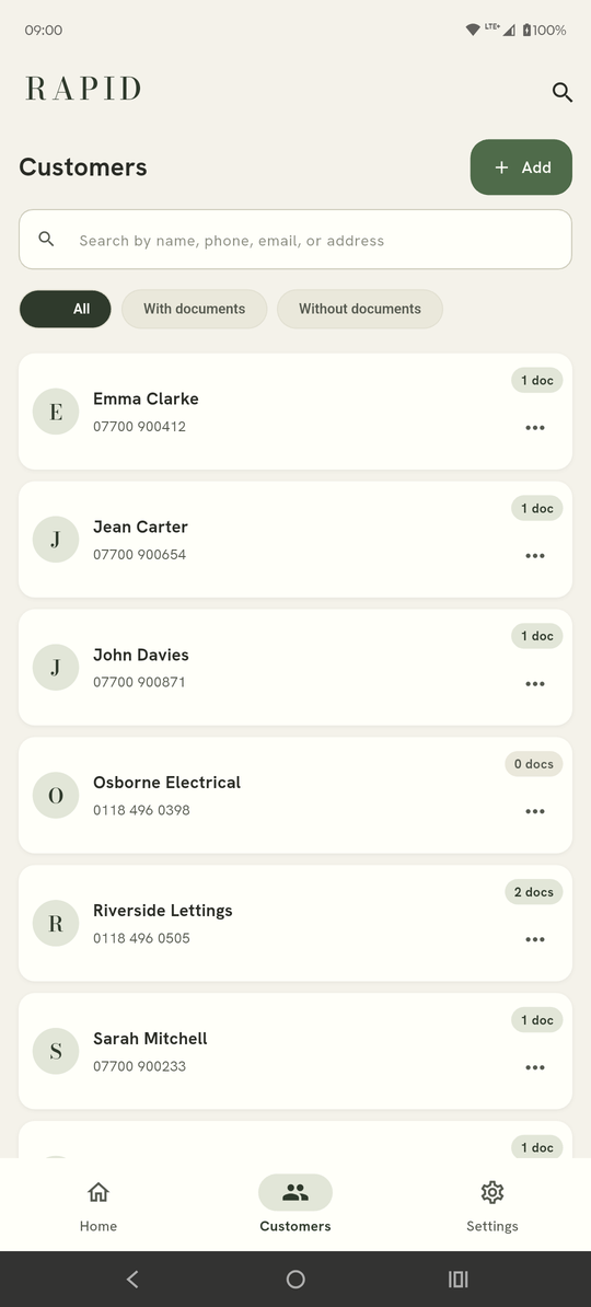 The customer list with document counts